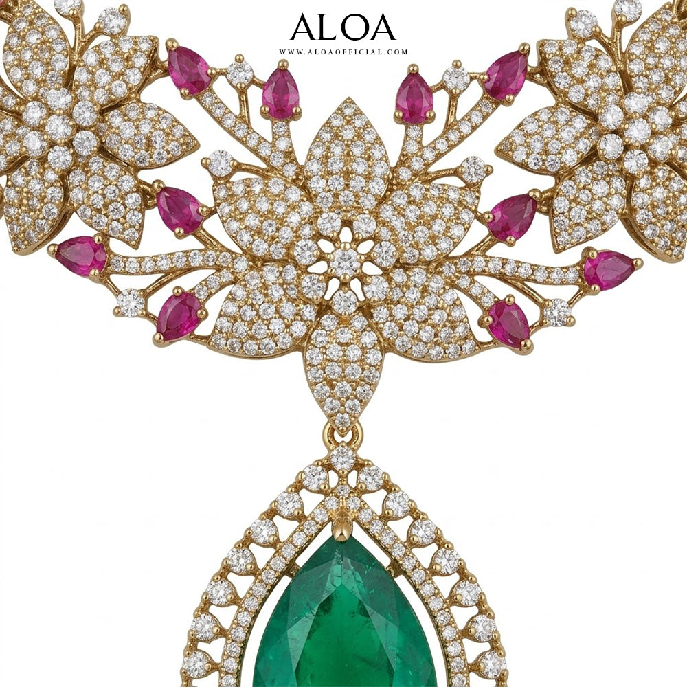 Gold-Tone Cubic Zirconia & Ruby Floral Garland Necklace Set
