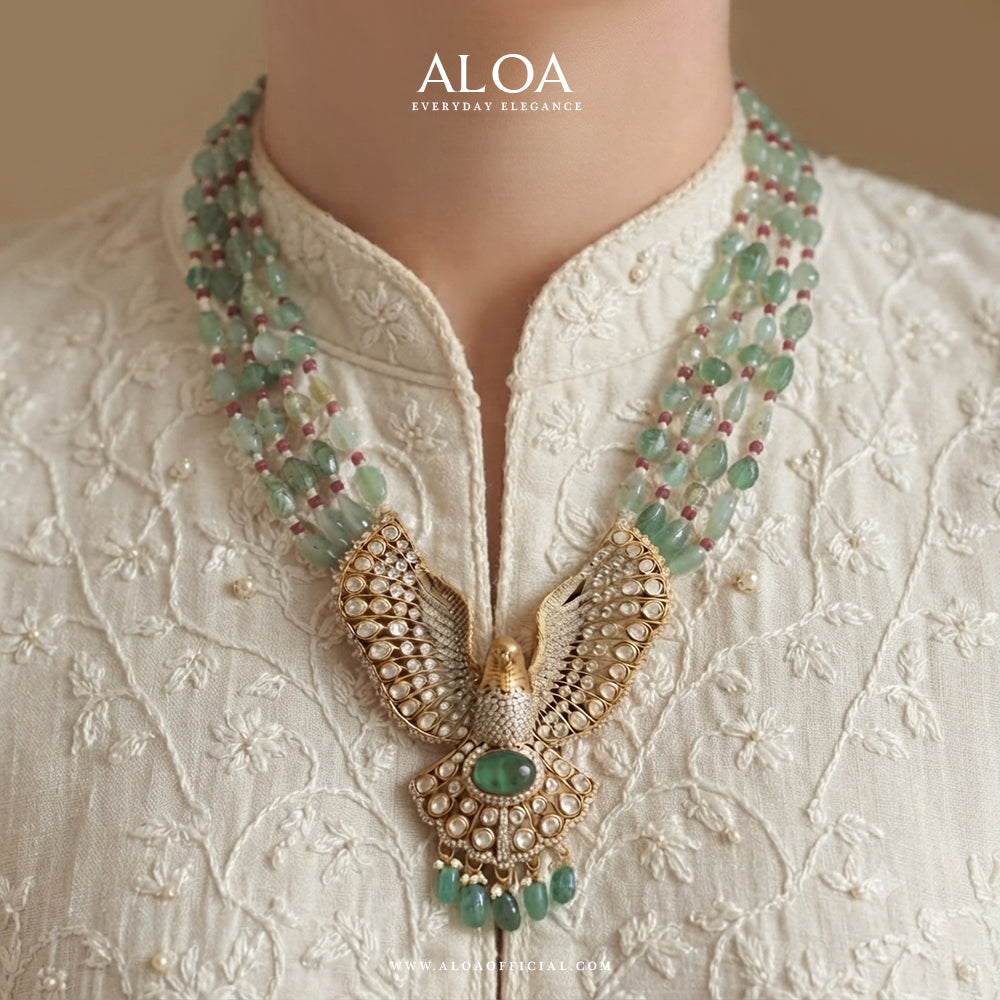 Golden Avian & Beaded Emerald Statement Set