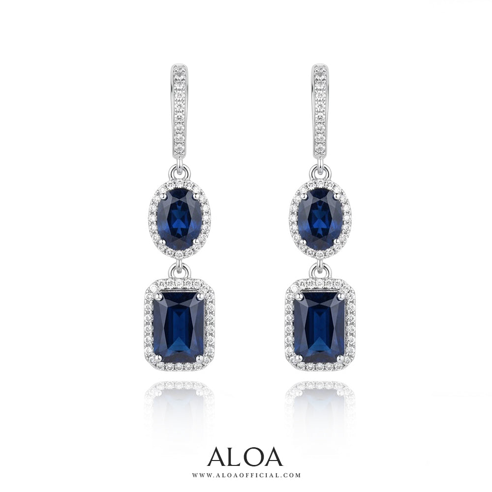 Deep Blue Oval and Emerald CZ Dangle Earrings