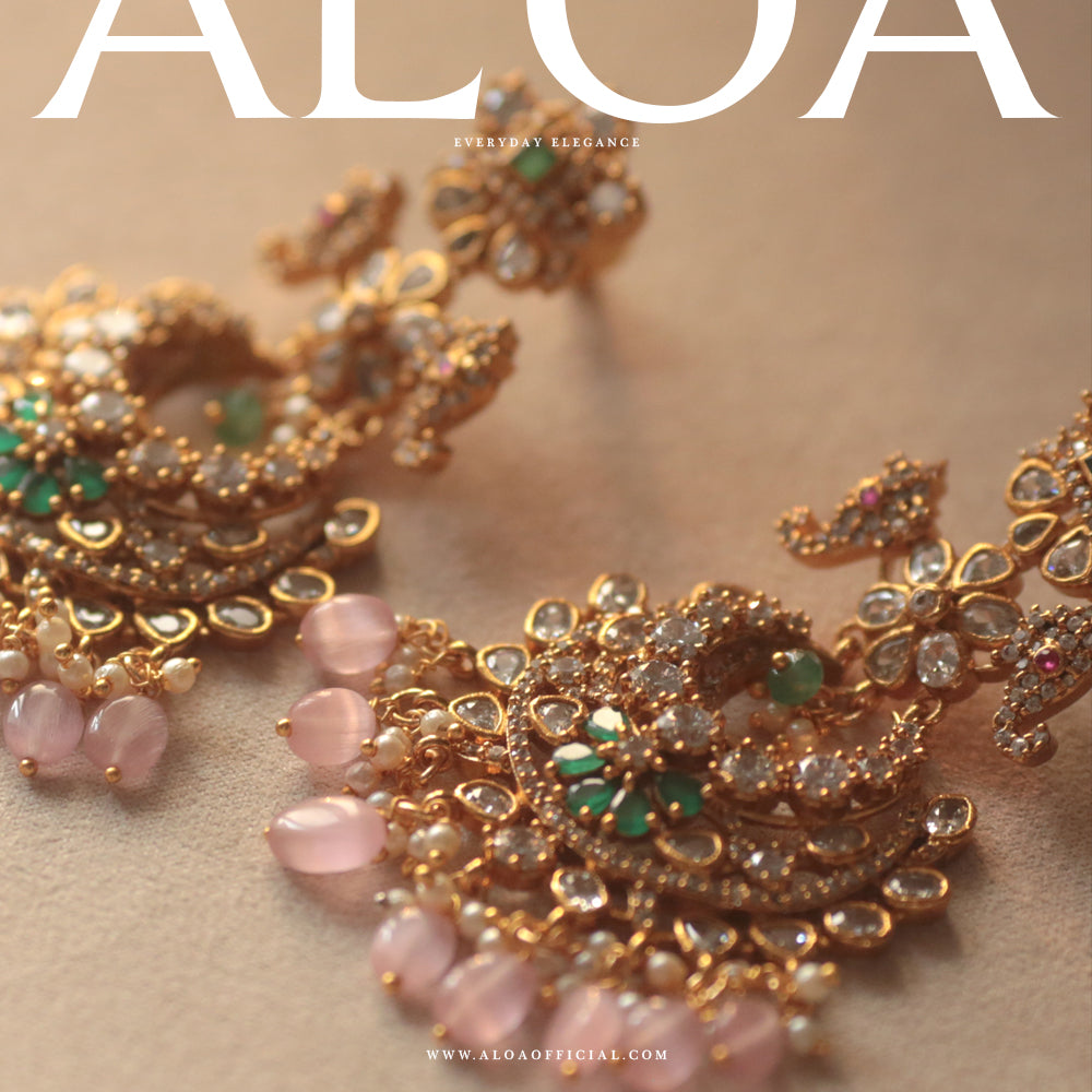 Emerald & Rose Pastel Chandbali Earrings