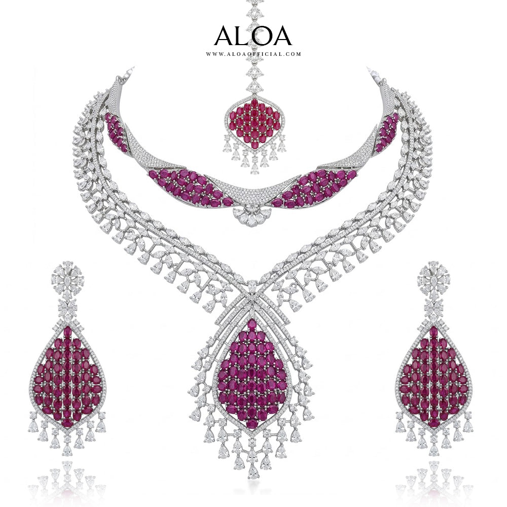 Silver-Tone Crimson Teardrop Layered Necklace