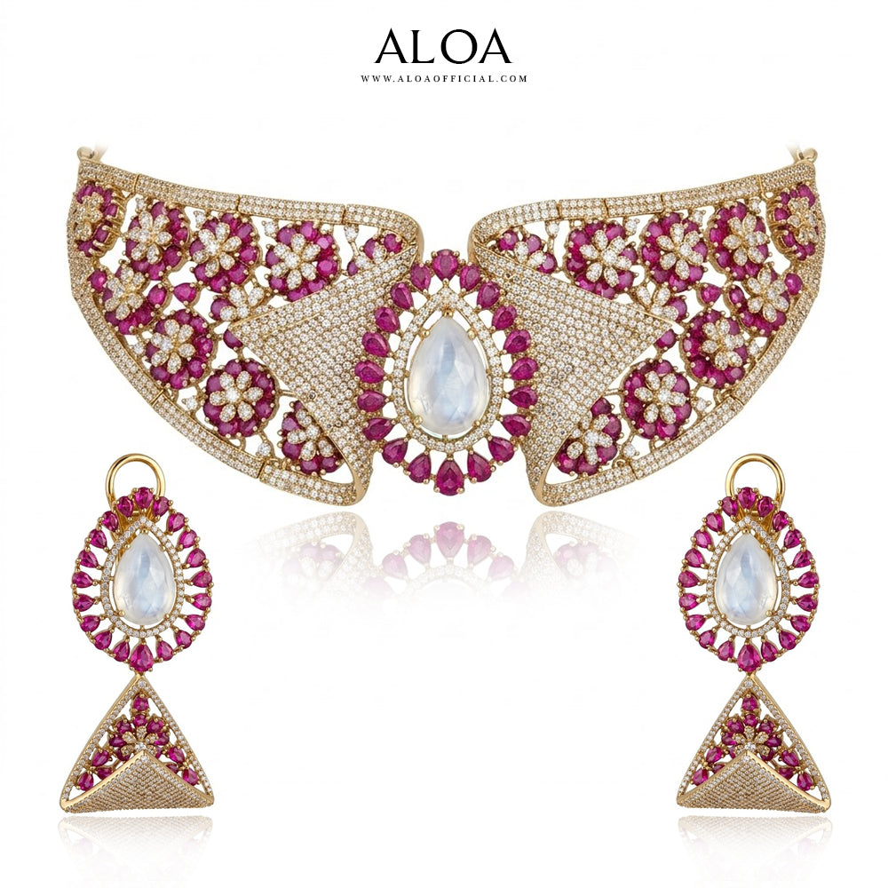 Ruby & Crystal Collar with Opal-White Stone