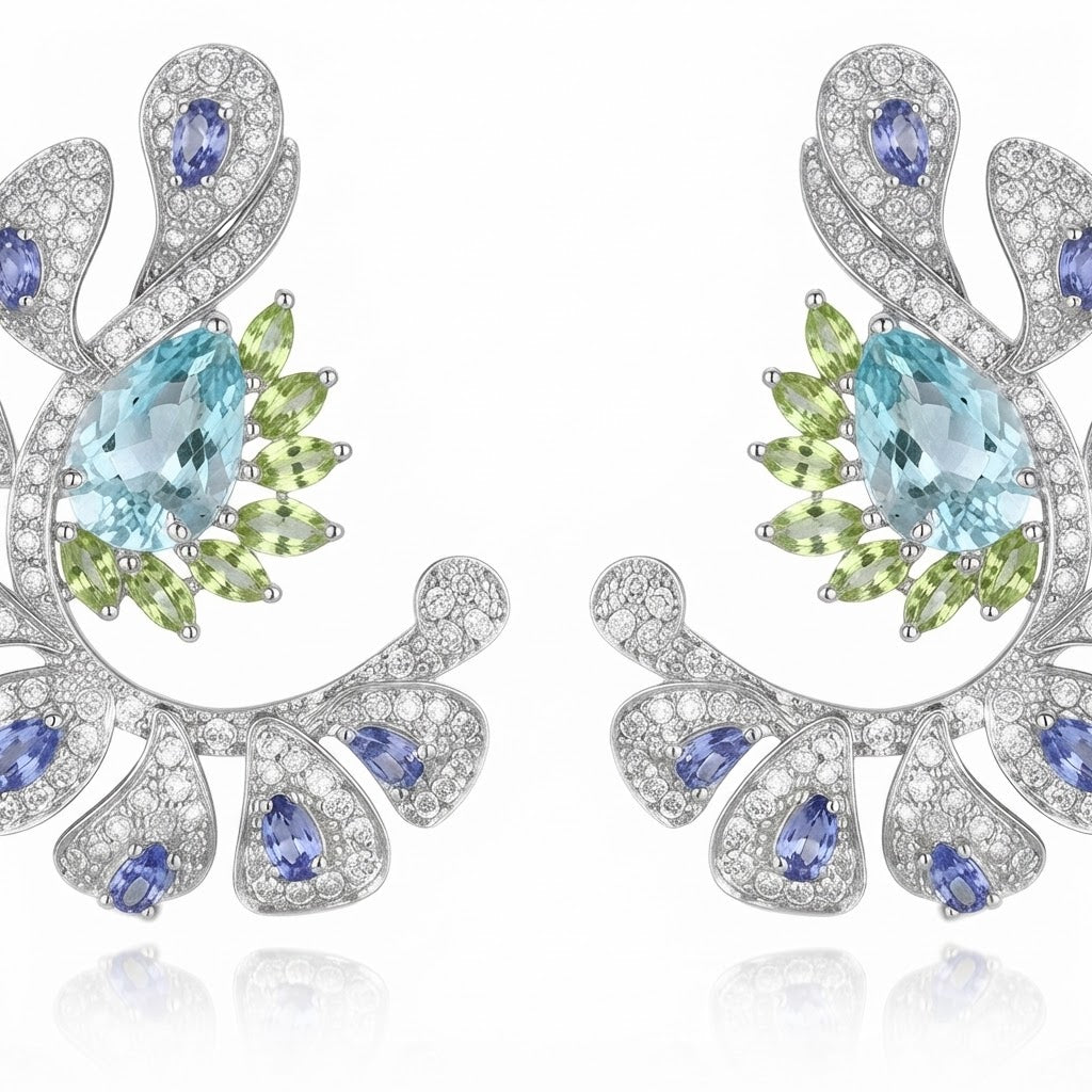 Silver Abstract Peacock Feather Earrings