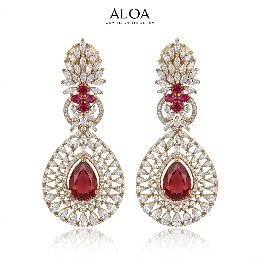 Majestic Ruby Teardrop V-Necklace Bridal Set