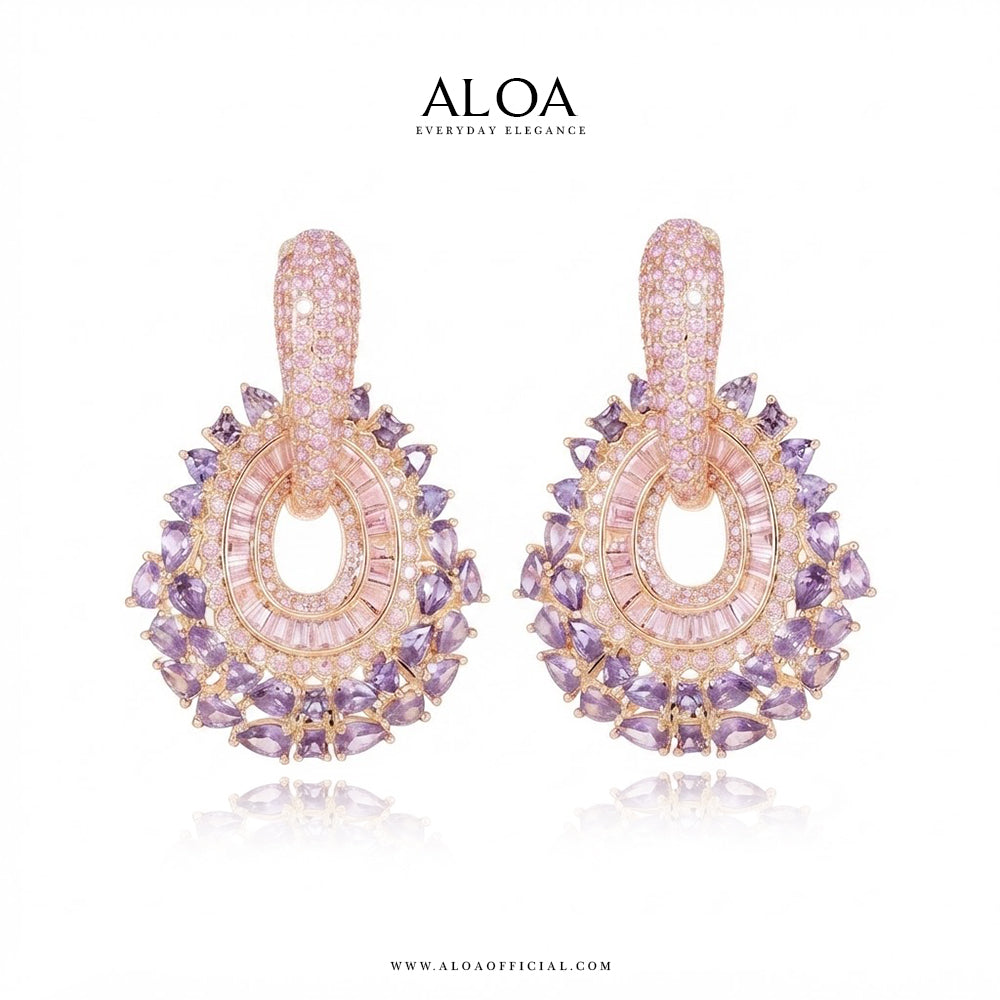 Amethyst & Pink CZ Dangle Hoops