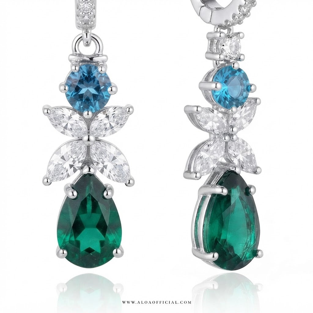Blue Topaz & Emerald Floral Earrings