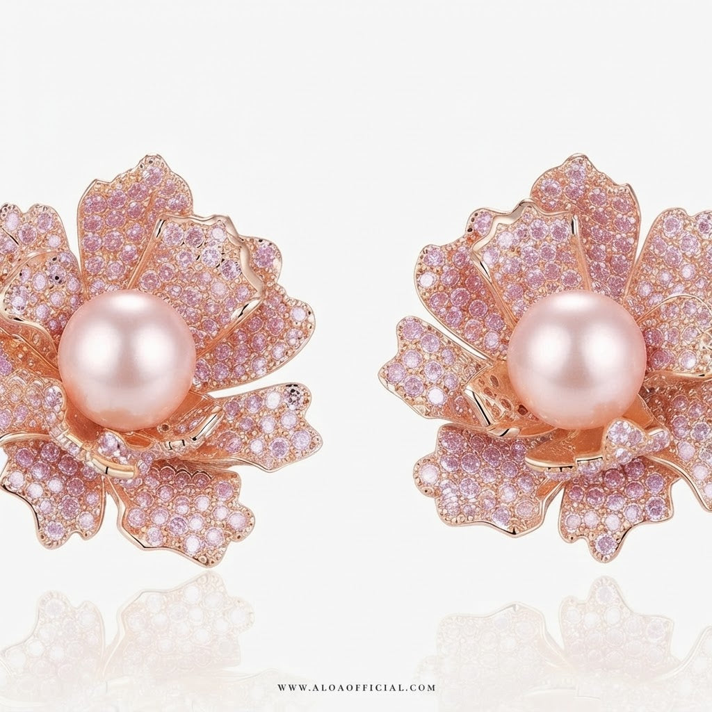 Rose Gold Pink Crystal Peony Earrings