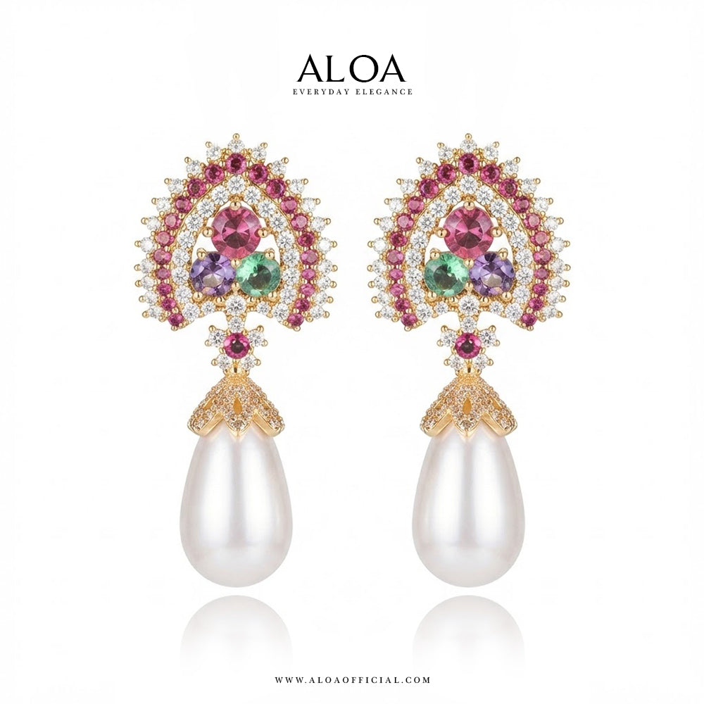 Gold Multi-Stone Pearl Drop Earrings