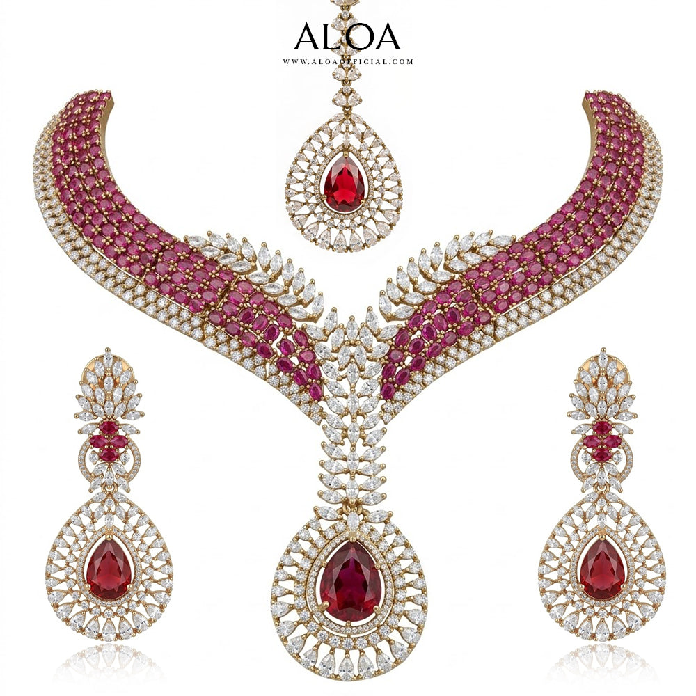 Majestic Ruby Teardrop V-Necklace Bridal Set