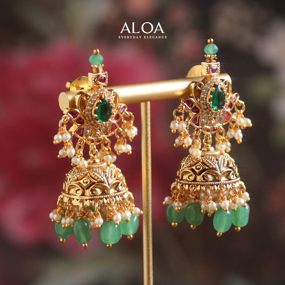 Lotus Emerald & Kempu Jhumka Earrings