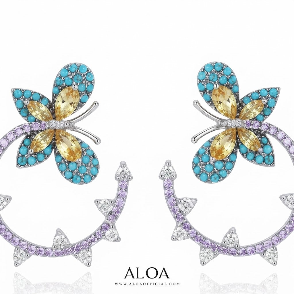 Silver Purple and Turquoise Butterfly Hoop Earrings