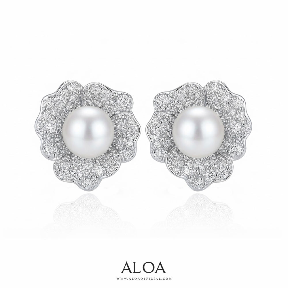 Floral Pearl and CZ Stud Earring