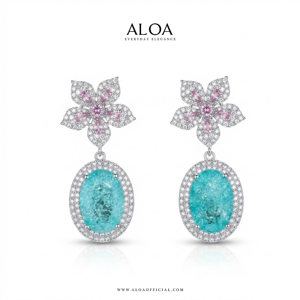 Silver Floral Aqua-Blue Drop Earrings
