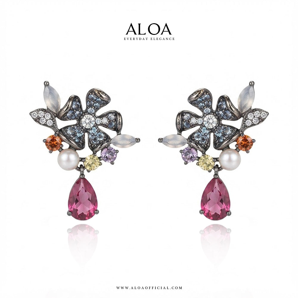 Black Rhodium Multicolored Floral Earrings