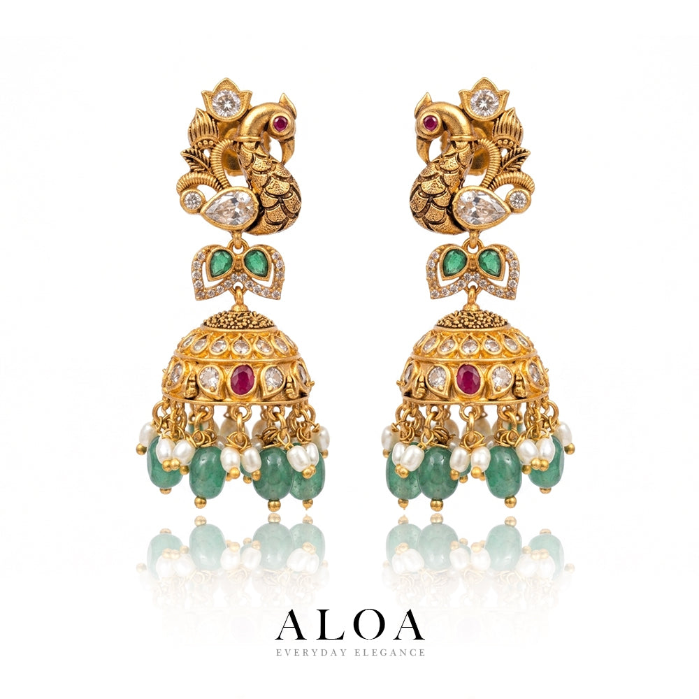 Peacock Jhumkas with Emerald & Pearls