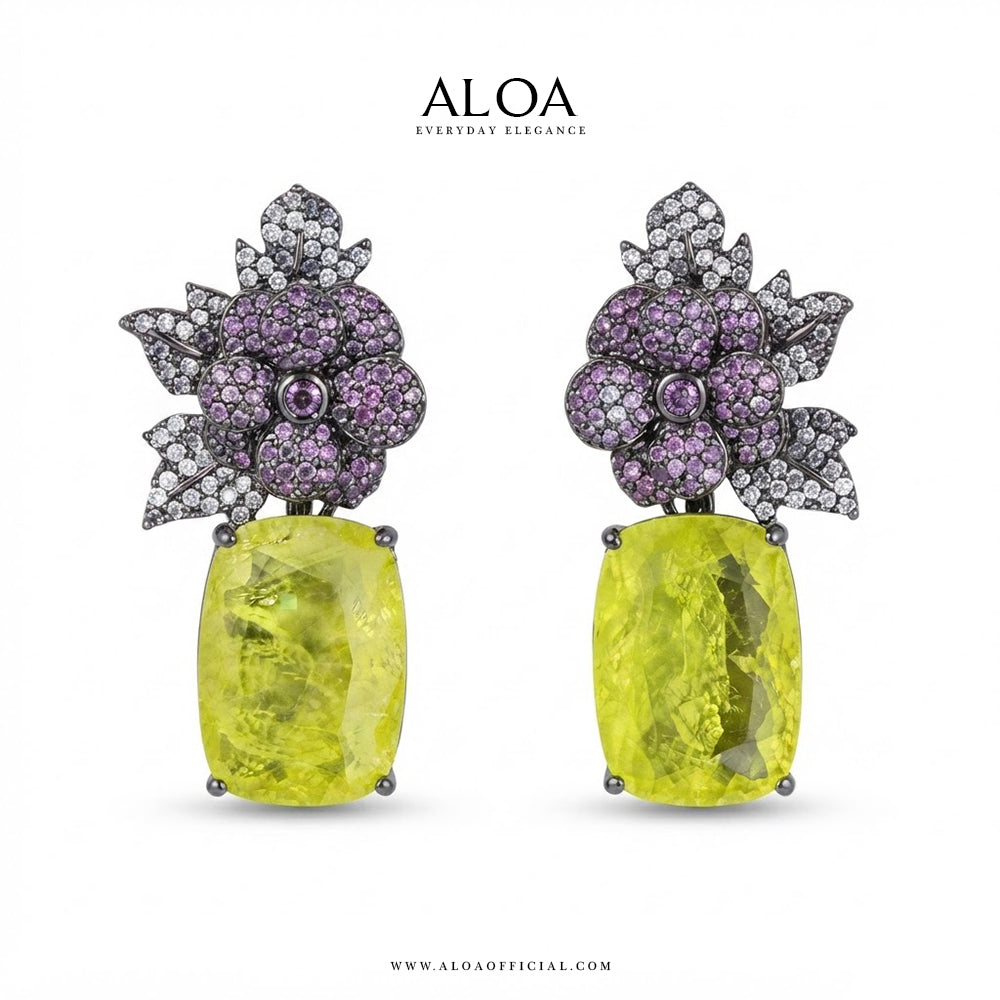 Black Rhodium Floral Lime-Green Drop Earrings
