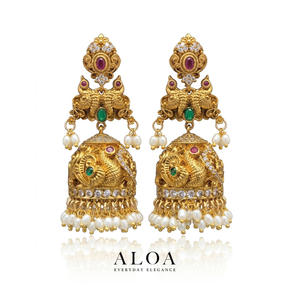 Peacock Kempu & Emerald Jhumka Earrings