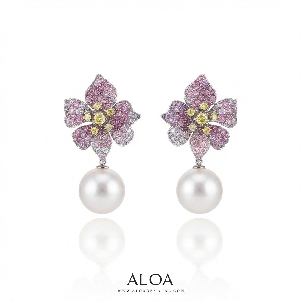 Pink Floral Pearl Drop Earrings