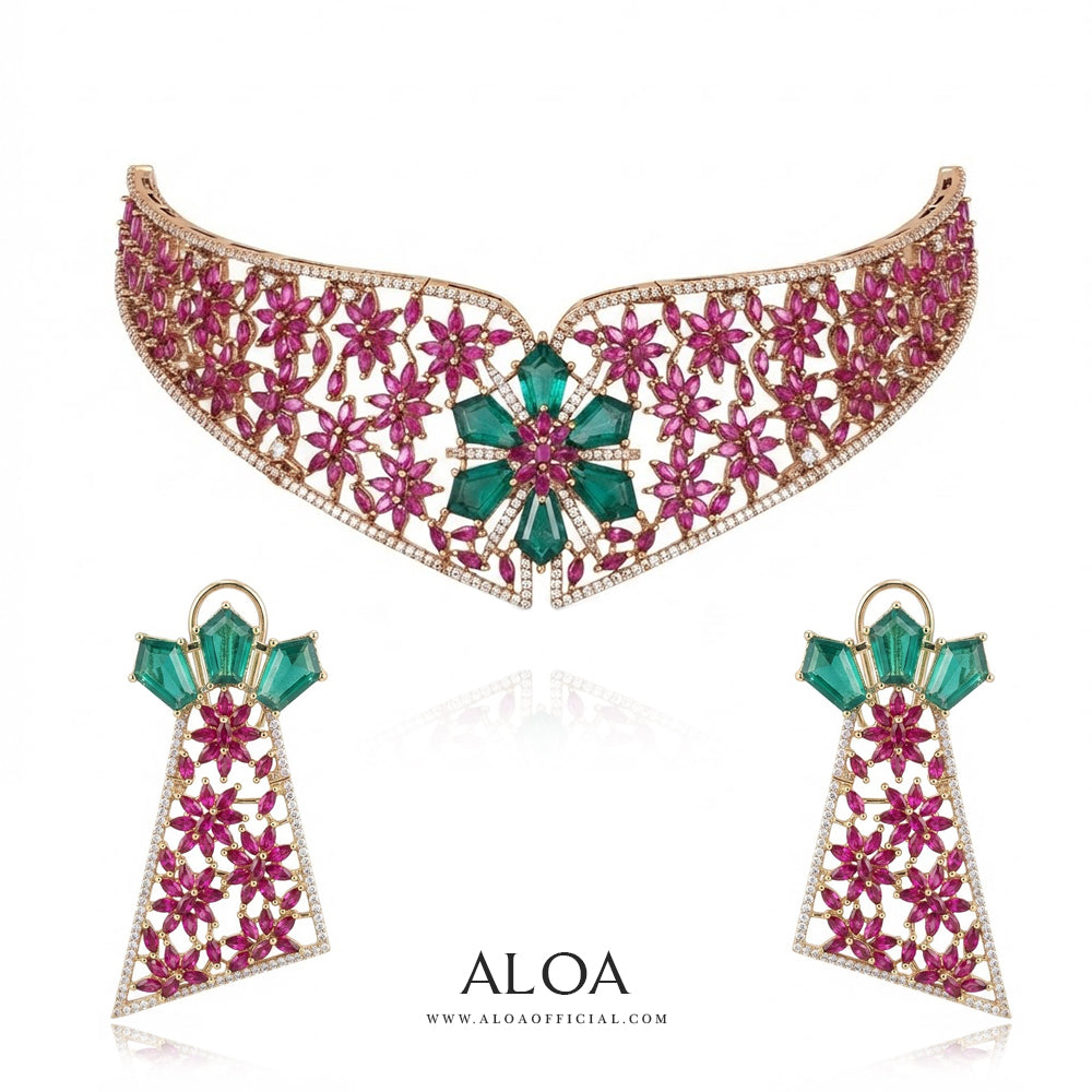 Ruby Floral Cluster Choker Set