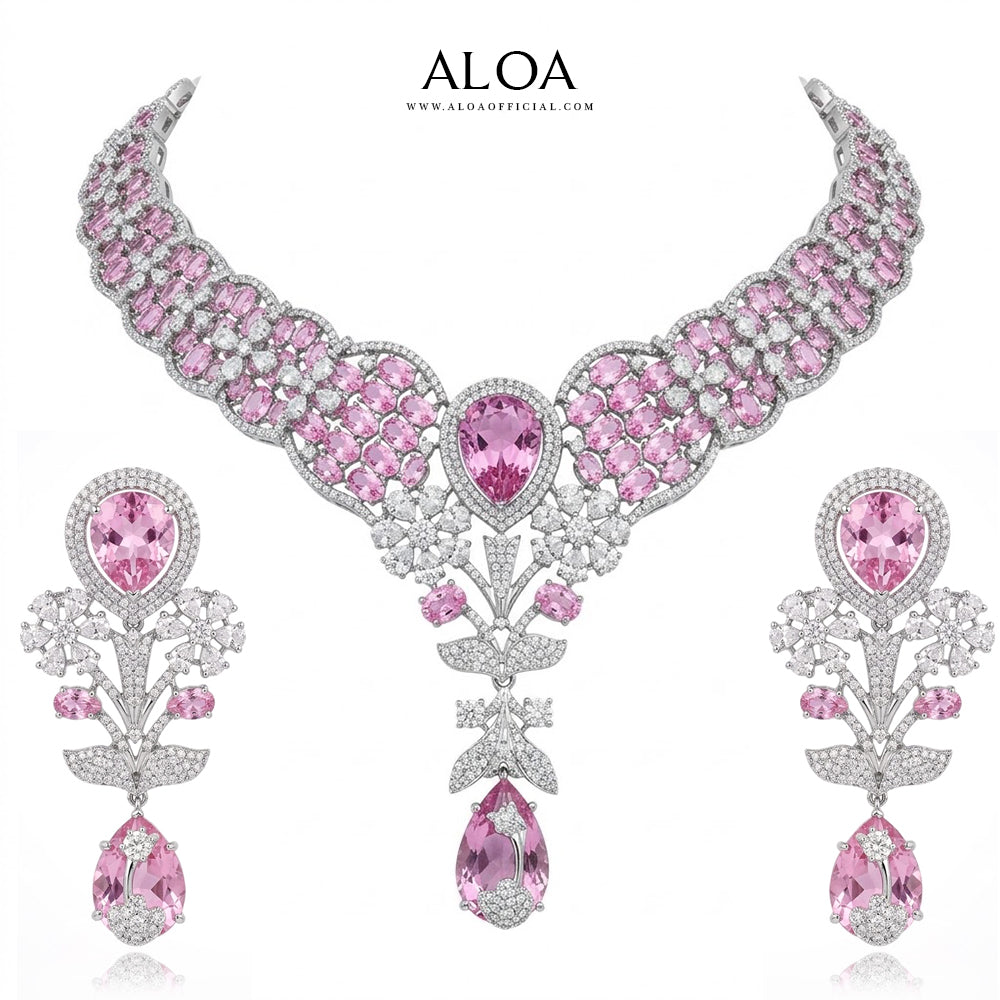 Pink & Silver-Tone Floral Drop Necklace Set
