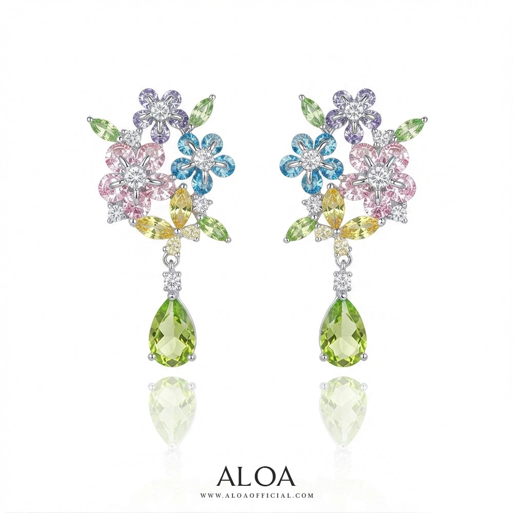 Silver Multi-Color Floral Peridot Drop Earrings