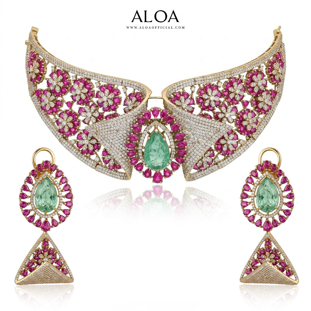 Crimson Floral Mesh Choker with Mint Emerald Stone