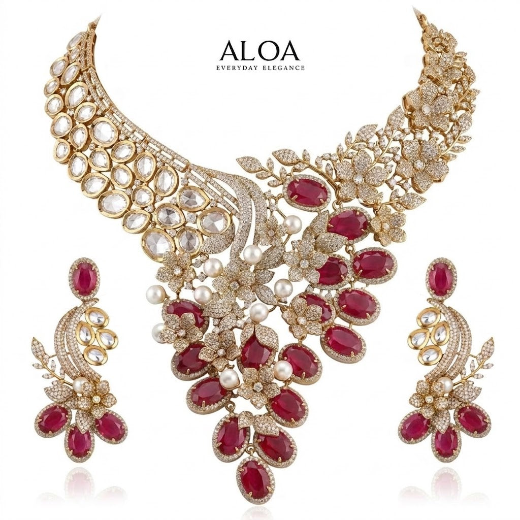 Ruby red floral CZ bridal necklace set with pearl drops - ALOA⁠