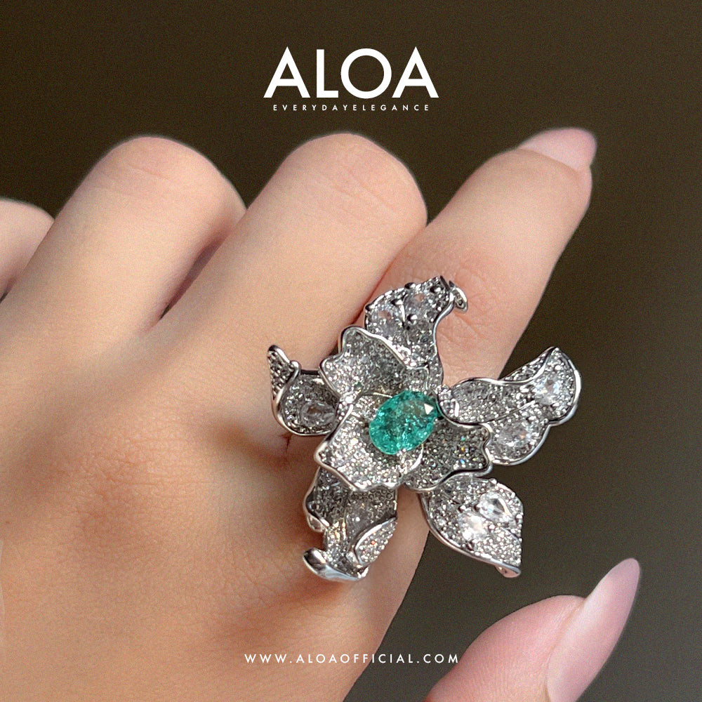 Aqua Blossom Delight: 3D CZ Flower Ring